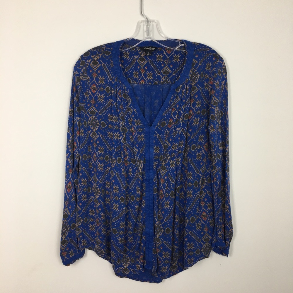 Lucky Brand Cream Blue Ikat Tribal V Neck Long Sleeve Top High Low Small